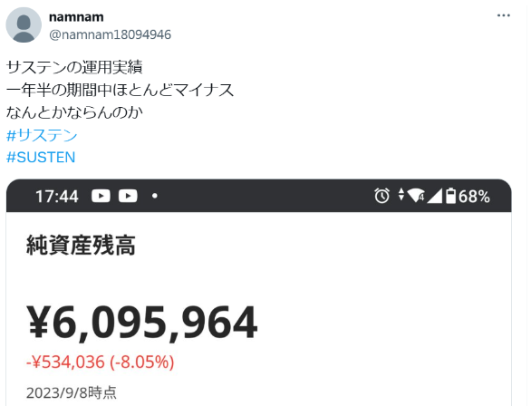 SUSTENの運用実績への口コミ|1年半の期間中マイナス