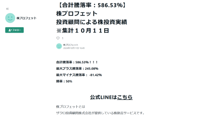 株プロフェットの投資実績｜合計騰落率586.53%