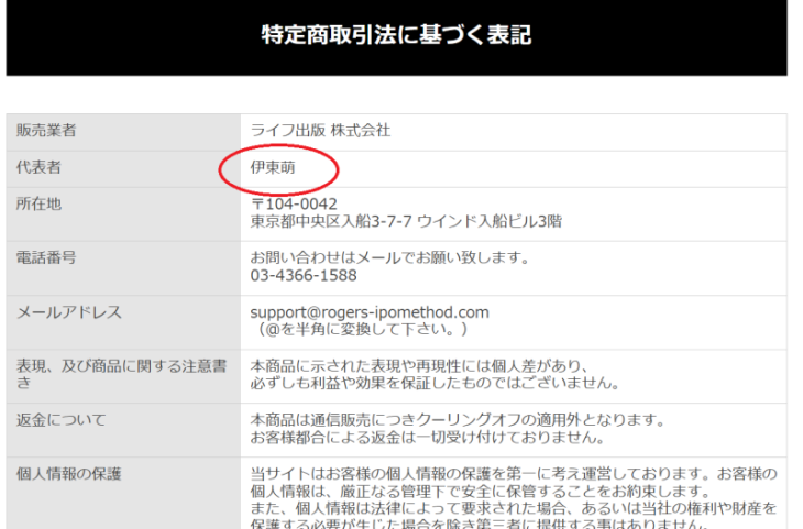 ロジャー堀の商材を販売するライフ出版株式会社の特商法の代表者は伊東萌