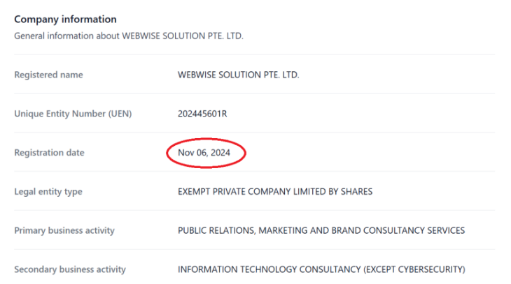 「WEBWISE SOLUTION PTE. LTD.」の設立日