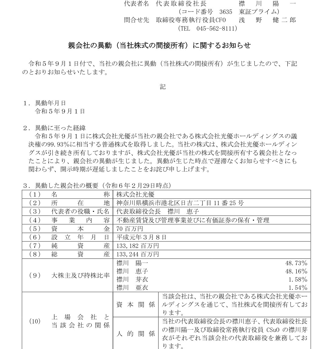 株式会社光優の大株主及び持株比率に襟川亜衣氏が記載された公式資料