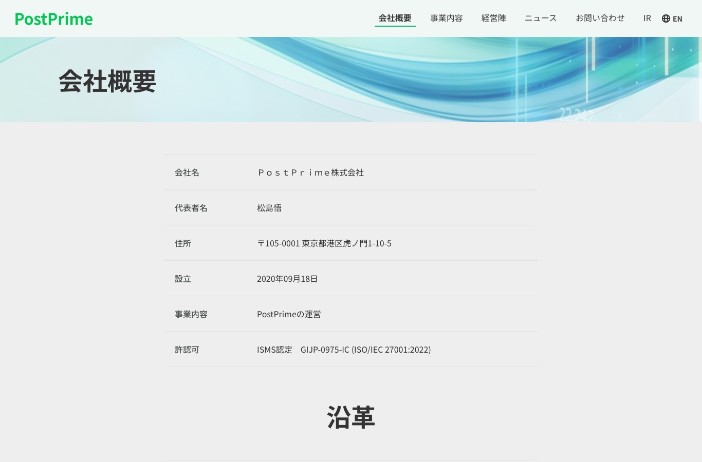 PostPrime公式サイトの会社概要。代表者名、所在地、設立日、事業内容が確認できる。
